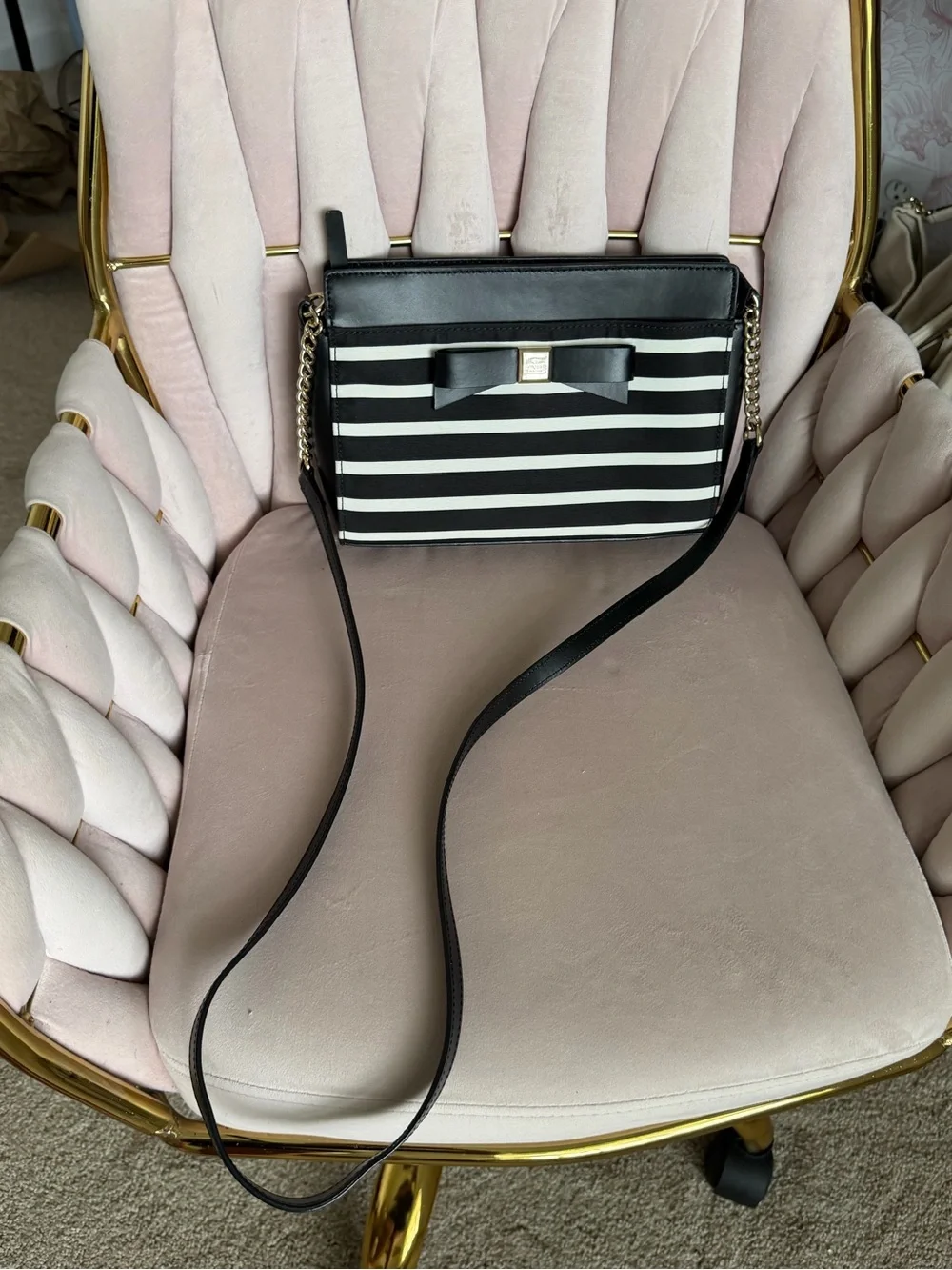 Kate Spade ♠️ WKRU3087 Black Cream Stripe Bow Crossbody Bag